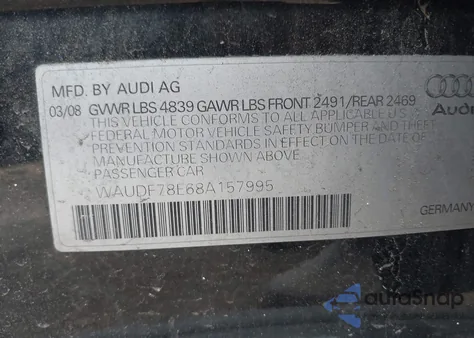 2008 Audi A4 2.0T/2.0T Special Edition from USA, damaged, VIN WAUDF78E68A157995